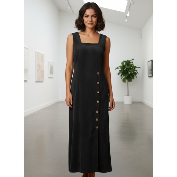 MSAS Maxi Dress Womens Sz Medium Black Ribbed Button Front Sleeveless Boho Chic - Picture 1 of 13